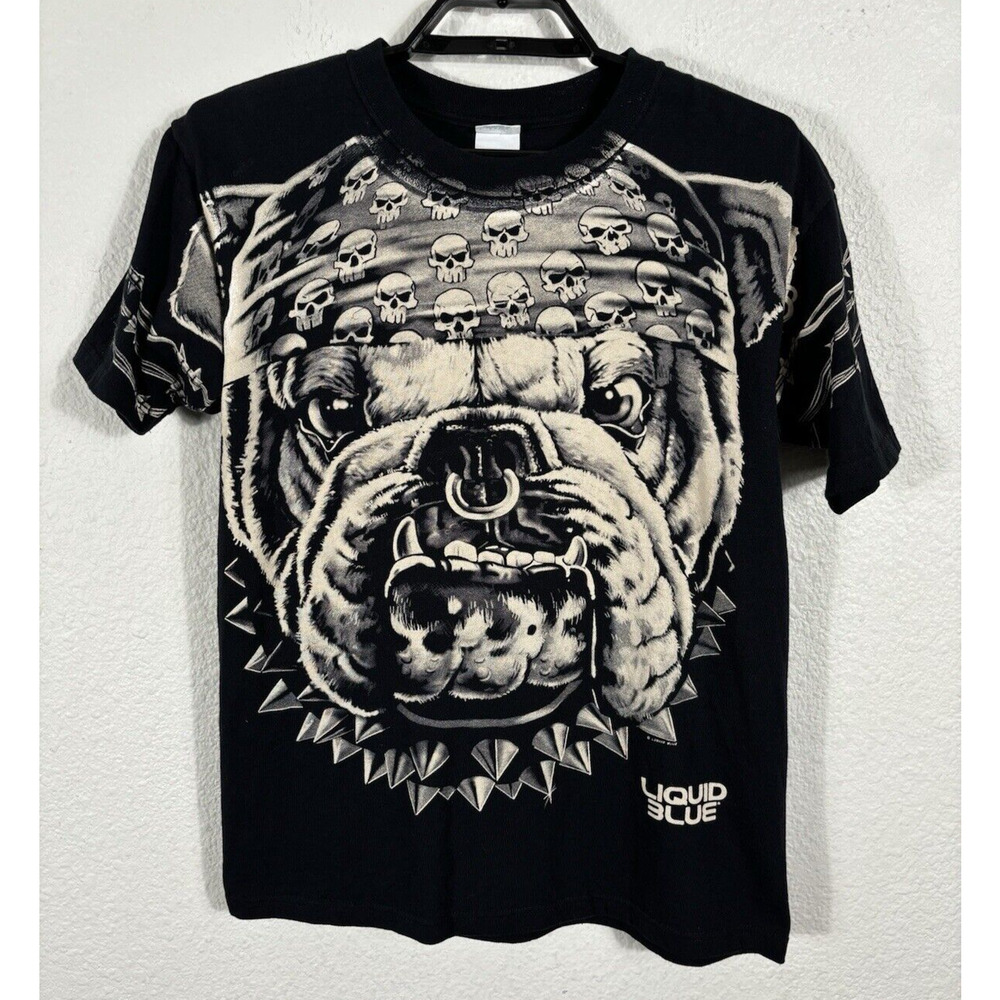 Vintage Liquid Blue Bulldog T Shirt Mens Medium Hiphop Streetwear Cotton Black